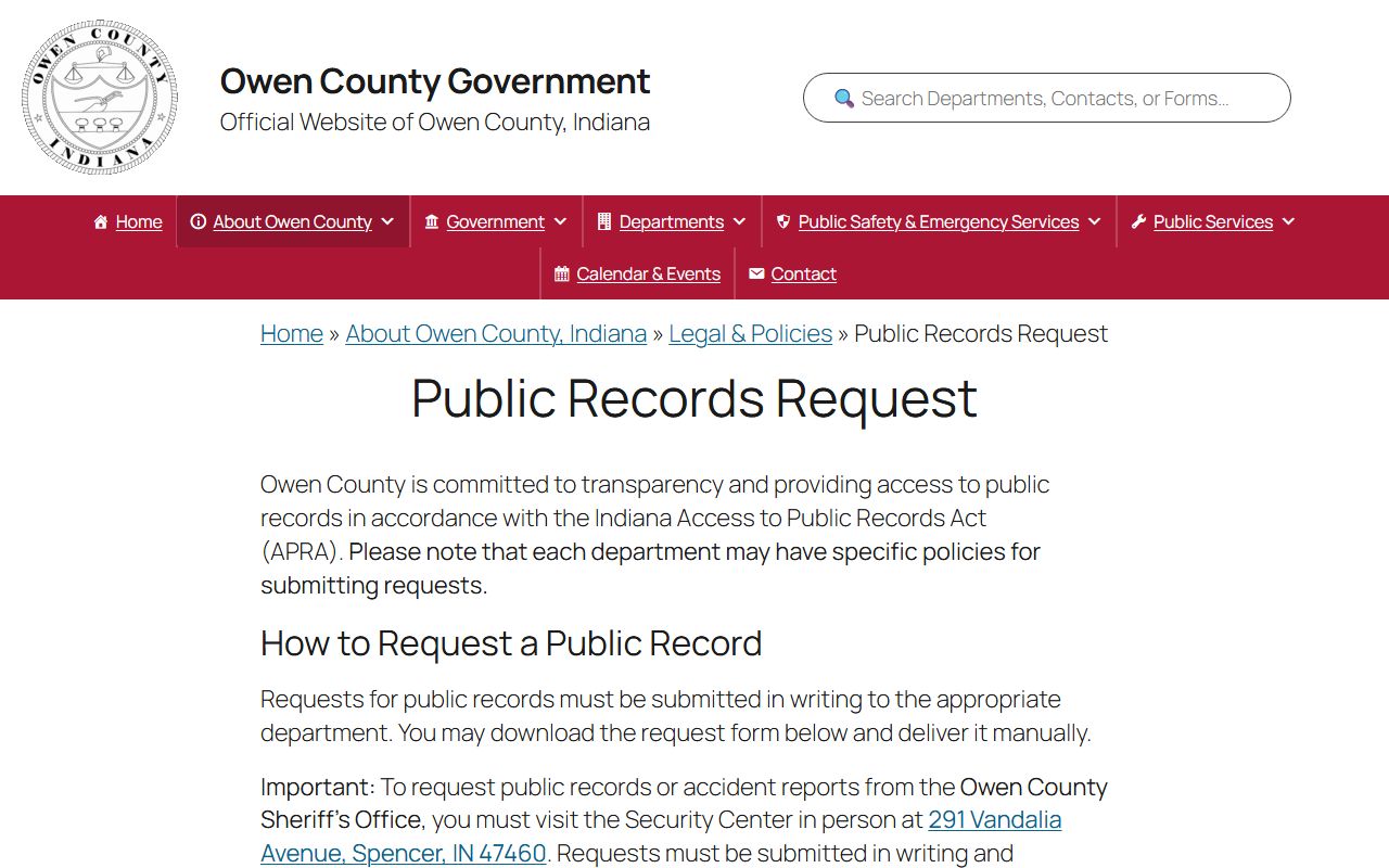 Owen County Clerk of the Circuit Court APRA public records request instructions