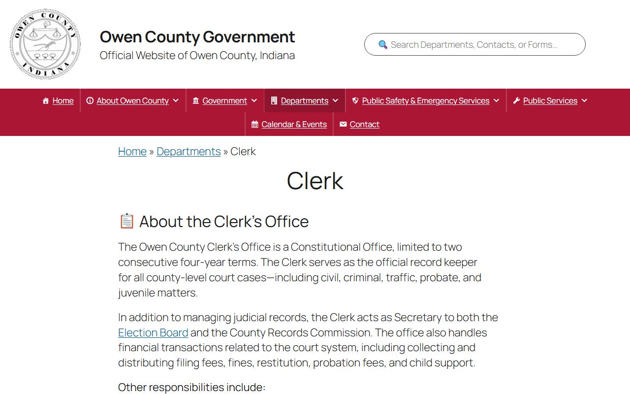 Owen County Clerk of the Circuit Court records office page